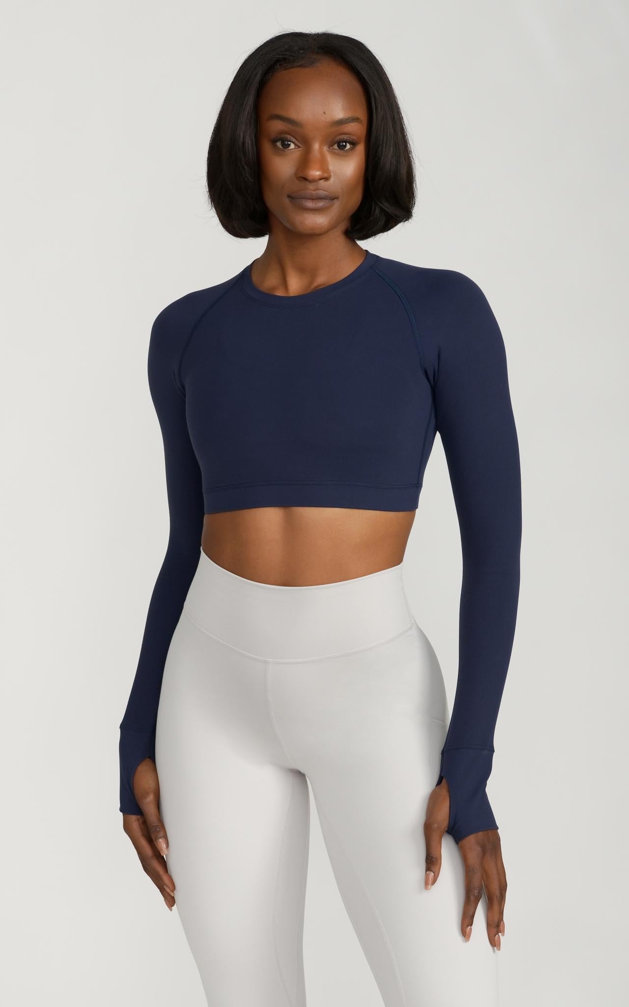 Long Sleeve Fitted Crop Top in Navy