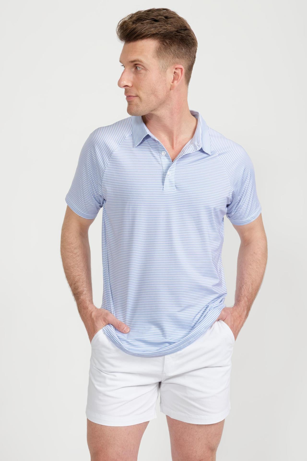 Men's Cooling Performance Golf Polo Shirt Blue Stripes