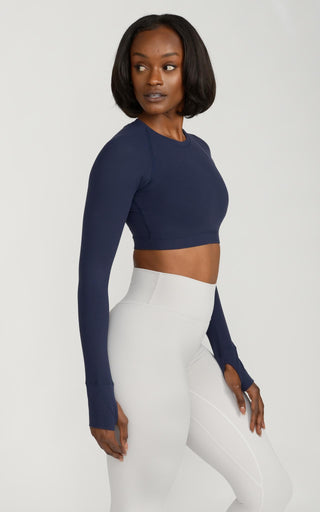 Long Sleeve Fitted Crop Top in Navy