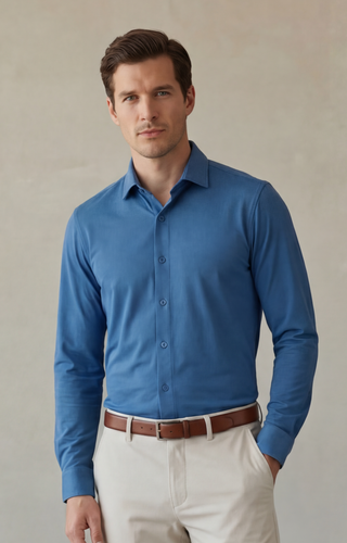 Jaquard Long Sleeve Button-Up - True Navy