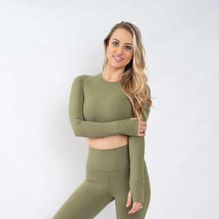 Long Sleeve Fitted Crop Top in Capulet Olive - Southern Athletica